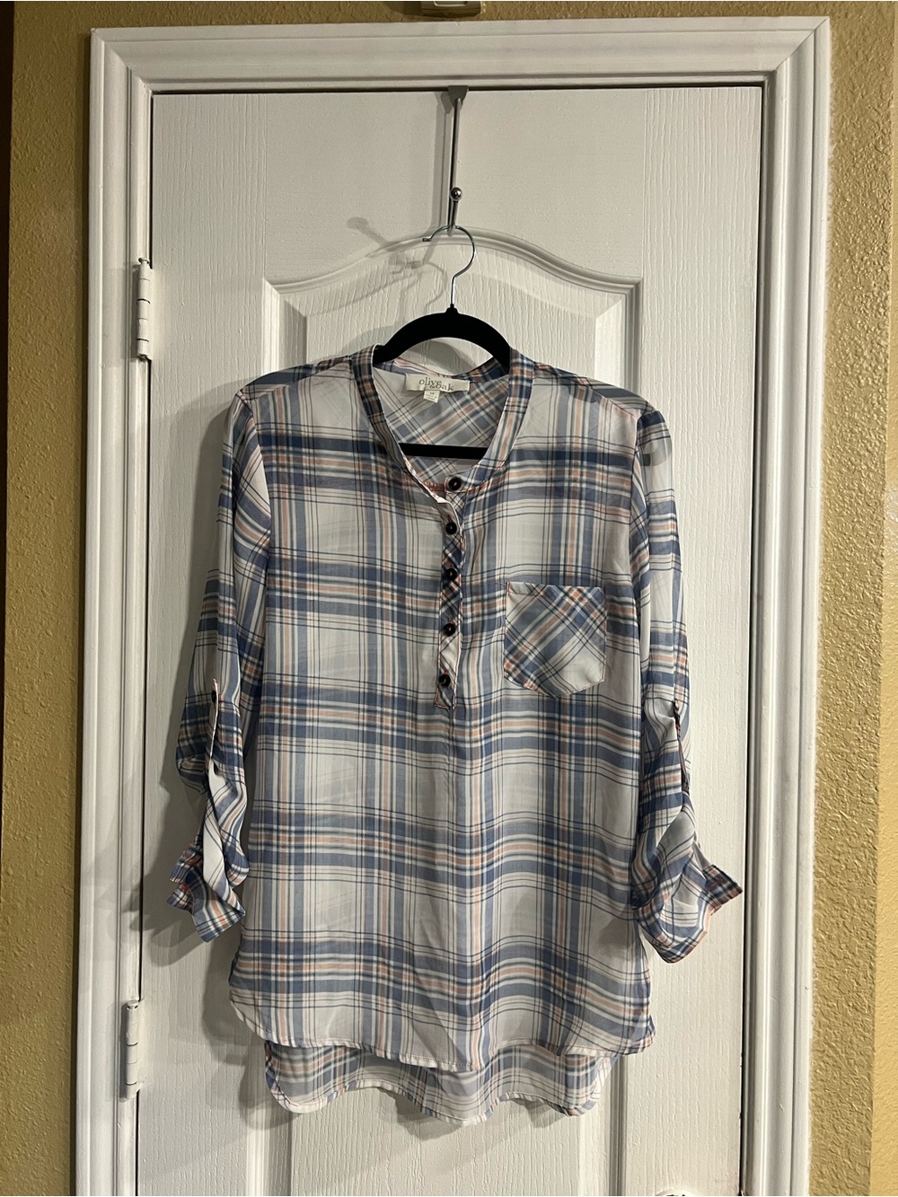 Olive & Oak Blue and Cream Plaid Henley Blouse